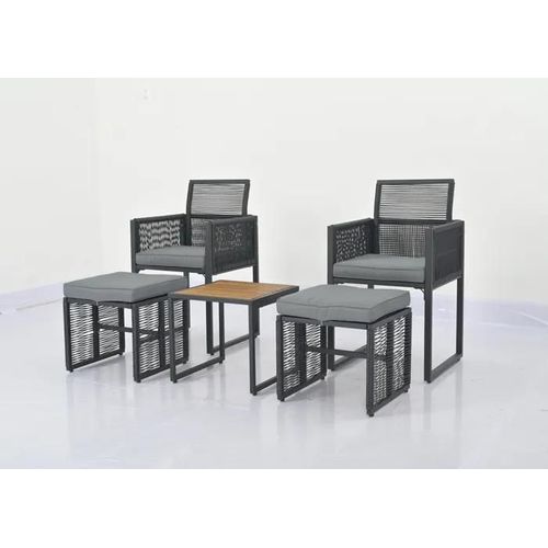 Costway Ensemble De Meubles De Terrasse En Osier Pe 5 Pcs, Table Basse En Bois D'acacia, 2 Chaises De Jardin Et 2 Poufs, Coussins