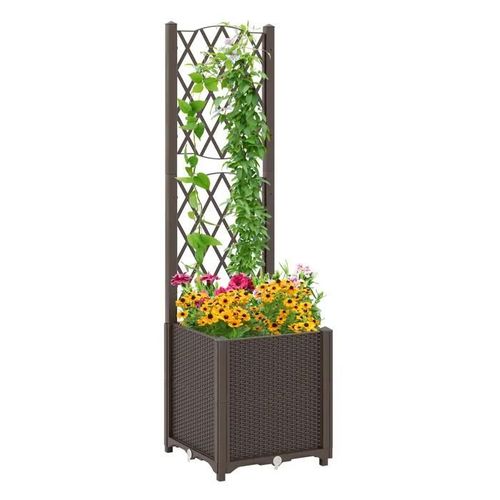 Jardinère Surélevée Sur Pieds Costway, 40 X 40 X 140 Cm, Treillis Pour Plantes Grimpantes, Trous De Drainage, Auto-Arrosage, Café
