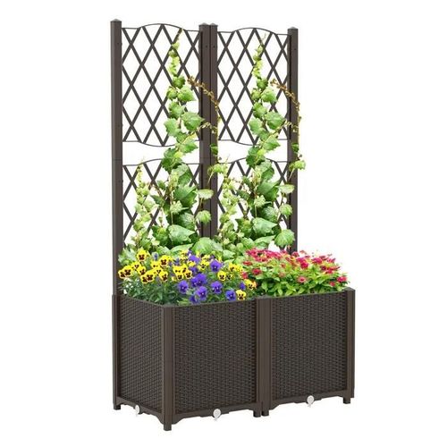 Jardinère Surélevé Sur Pieds 140cm Costway, Treillis Pour Plantes Grimpante, Trous De Drainage, Auto-Arrosage, 2 Bacs À Fleurs Café