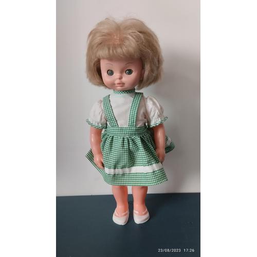 Vintage Poupée Blonde Tenue Vichy Vert Yeux Bleus