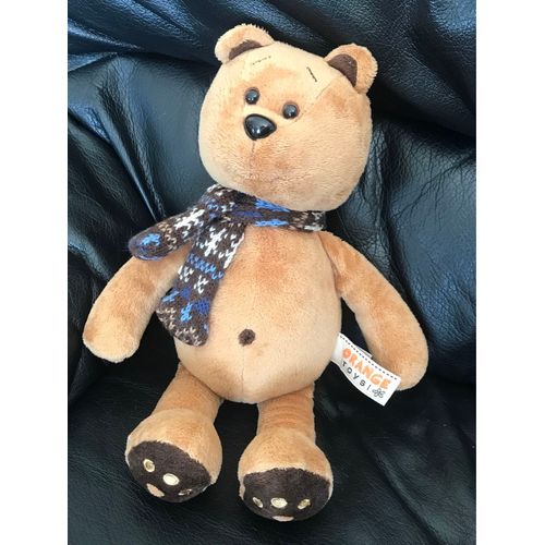Doudou Peluche Orange Toys Ours Marron Echarpe Laine Bleu 30 Cm