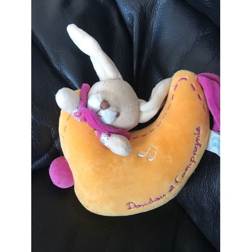 Doudou Et Compagnie Lune Musical Orange Lapin Col Rose Cerise