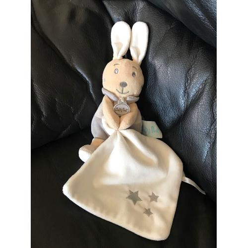 Lapin Gris Perlim Peluche Tenant Un Mouchoir Brodé D Étoiles Grises Baby Nat