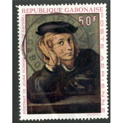 Timbre Oblitéré République Gabonaise, Poste Aérienne, Portrait De Jeune Homme, École De Raphael, 50 F