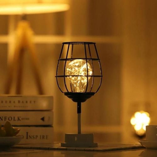 Lampe De Table Led-Veilleuse D'art En Fer Classique Rétro Pour Chambre Et Bureau,Verre À Vin Rouge Design