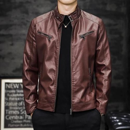 Blouson En Cuir De Moto Pu Lavé Pour Hommes-Claret,Tailles M/L Claret,L
