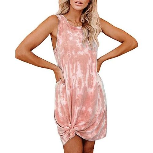 Robe Gilet Tie-Dye Pour Femme-Col Rond Ample,Mi-Longueur Trapèze,Orange Rouge Orangé,S