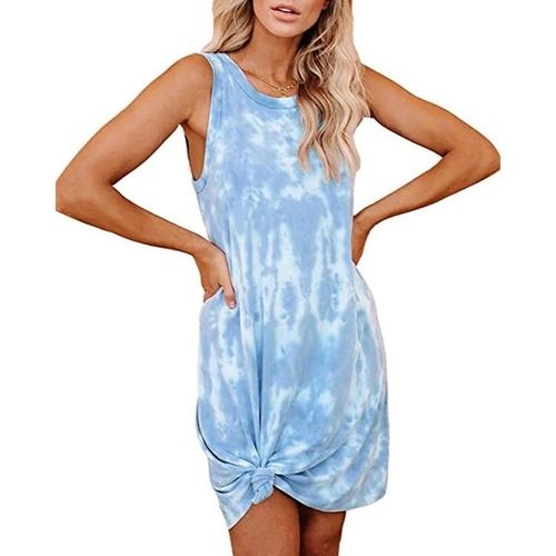 Tie-Dye A-Ligne Gilet Robe Pour Femme-Mi-Longueur,Bleu Ciel,Xl Bleu Ciel,Xl