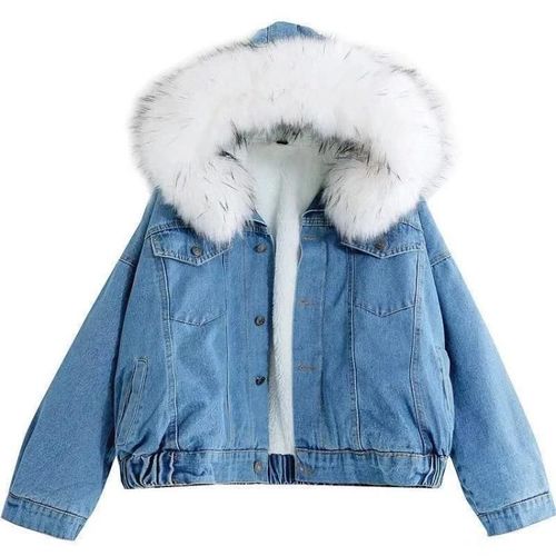 Veste En Jean Velours Pour Femme-Manteau D'hiver Épais Avec Col En Fourrure,S Blanc Blanc,S