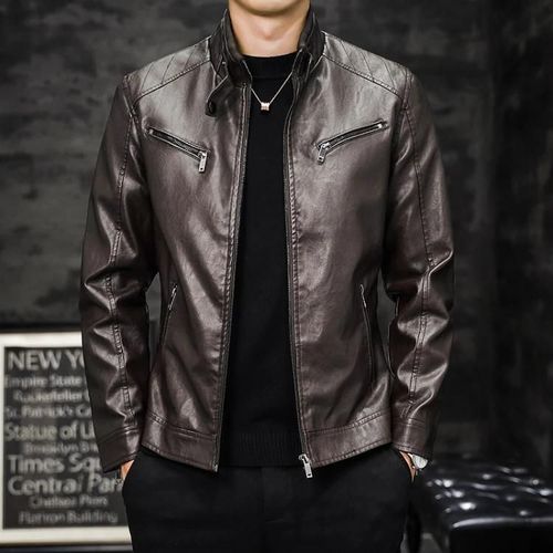 Blouson De Moto En Cuir Pu Slim-Fit Pour Hommes-Café Lavé,Tailles M & Xl Café,Xl