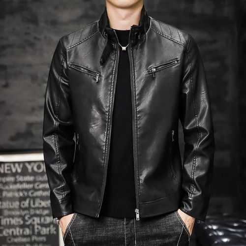 Blouson De Moto En Cuir Pu Slim-Fit Pour Hommes-Washed Black,Tailles M-Xxxl Noir,Xxxl