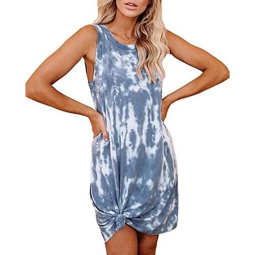 Robe Gilet Trapèze Tie-Dye Pour Femme-Mi-Longueur,Col Rond,Xl,Gris Bleu Gris Bleu,Xl