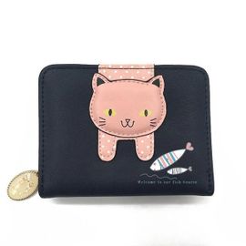 Mignon Chat Zipper Wallet-Petit Porte-Monnaie Et Porte-Cartes En Cuir Pu-Noir