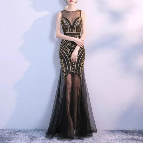Robe De Soirée Sirène-Noir Or Paillettes Perles Robe De Bal Formel Noir Or,S