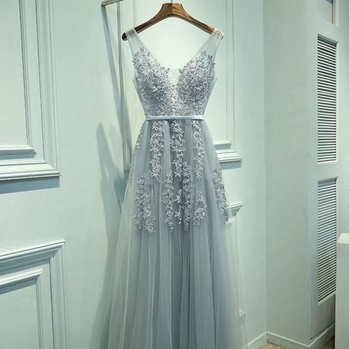 Robe De Soirée À Col En V-Applique De Tulle Sexy,Gris Argenté,Taille S Gris Argenté,S