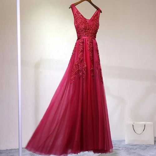 Robe De Soirée-Robe Sexy En Tulle À Col En V Appliquée Au Vin Rouge-Vin Rouge,S