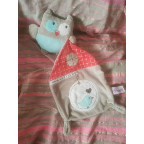 Doudou Hibou Taupe Bleu Mouchoir Rouge Oiseau Pommette
