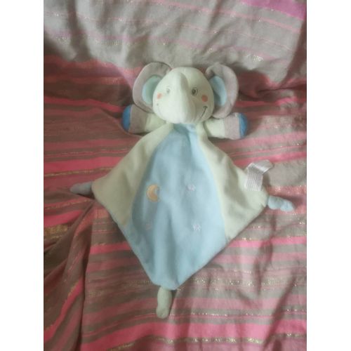 Doudou Peluche Éléphant Plat Bleu Vert Gris Étoiles Lune Nicotoy