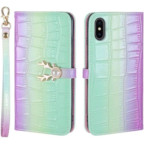 Coque Apple Iphone Xs Max Rabat Housse Iphone Xs Max Clapet Wapiti Cerf Perle Portefeuille Etui Avec Fonction Support Et Porte Carte Motif Crocodile Cuir Pu Flip Cover Case.Violet Vert