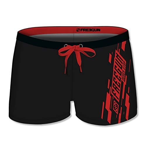 Maillot De Bain Freegun Garçon, Noir-Rouge, Taille 8-10 Ans. Produit Neuf Avec Étiquette D'origine