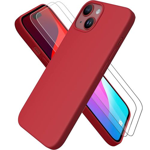 Coque Silicone Pour Iphone 15 Mat Rouge Slim Antichoc + 2 Verres Trempés - Booling