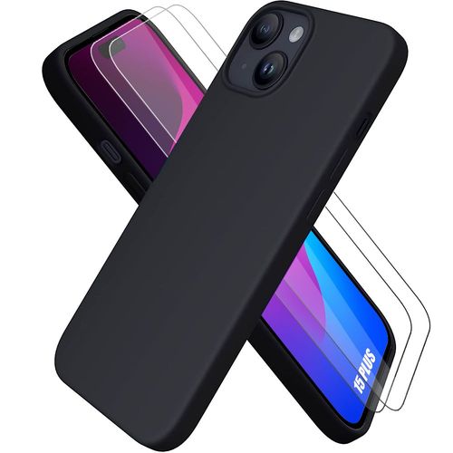 Coque Pour Iphone 15 Plus Silicone Noir Souple Antichoc + 2 Vitres D'écran Verre Trempé - Booling