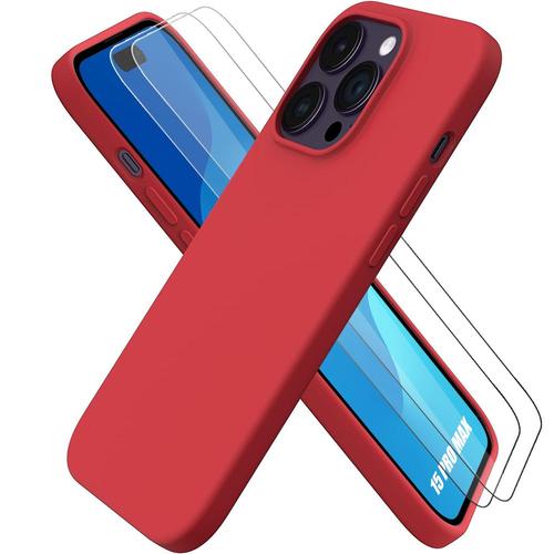 Coque Pour Iphone 15 Pro Max Silicone Liquide Rouge + 2 Verres Trempés Protection D'écran - Booling