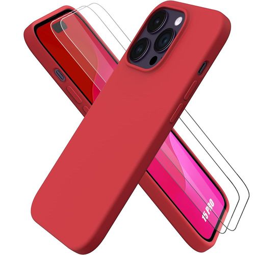 Coque Pour Iphone 15 Pro Silicone Rouge Souple Antichoc + 2 Vitres D'écran Verre Trempé - Booling