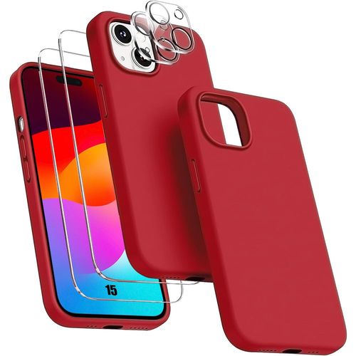 Coque Pour Iphone 15 Silicone Rouge + 2 Verres Trempés Et 2 Vitres Objectif Arrière - Booling