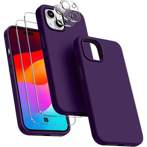 Coque Pour Iphone 15 Silicone Violet Foncé + 2 Verres Trempés Et 2 Vitres Objectif Arrière - Booling