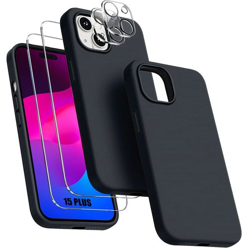 Coque Pour Iphone 15 Plus - Silicone Noir + 2 Vitres Verre Trempé Et 2 Protections Caméra Arrière - Booling