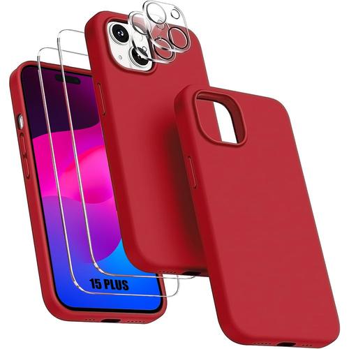 Coque Pour Iphone 15 Plus - Silicone Liquide Rouge + 2 Verres Trempés Et 2 Protections Objectif Arrière - Booling