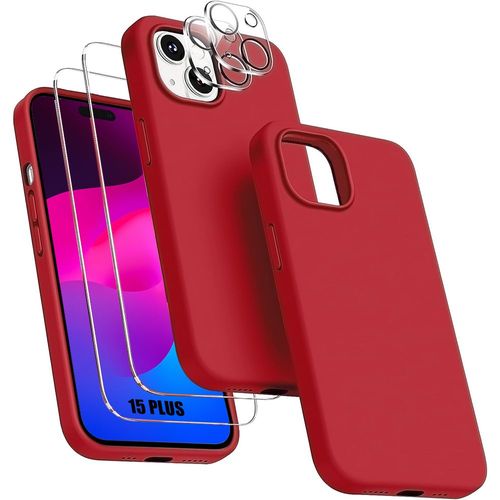 Coque Pour Iphone 15 Plus - Silicone Liquide Rouge + 2 Verres Trempés Et 2 Protections Objectif Arrière - Booling