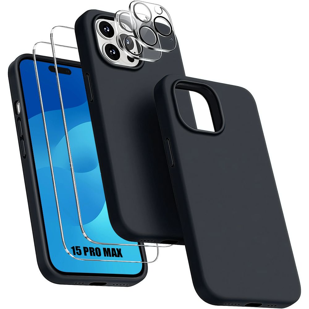 Coque Pour Iphone 15 Pro Max Silicone Noir + 2 Verres Trempés Et 2 Vitres Objectif Arrière - Booling