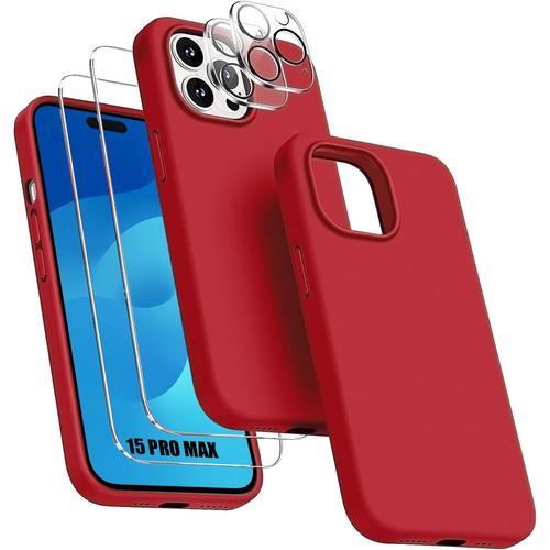 Coque Pour Iphone 15 Pro Max Silicone Rouge + 2 Verres Trempés Et 2 Vitres Objectif Arrière - Booling