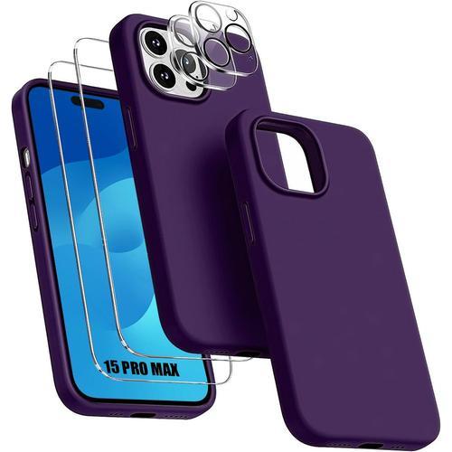 Coque Pour Iphone 15 Pro Max - Protection Tpu Violet Foncé + 2 Verres Trempés Et 2 Protections Caméra Arrière - Booling