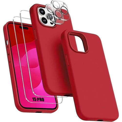 Coque Pour Iphone 15 Pro - Silicone Rouge + 2 Verres Trempés Et 2 Vitres Caméra Arrière - Booling