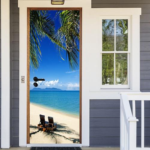 Déco à coller sur une porte : paysage trompe l'oeil plage