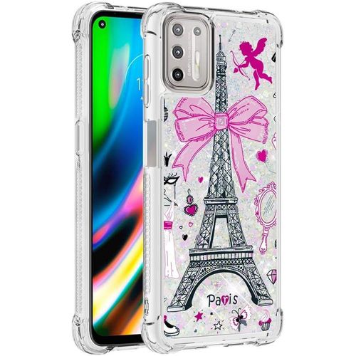 Motorola Moto G9 Plus Coque Case Liquide Étui De Coque Antichoc En Silicone Tpu Transparent Sables Mouvants Paillettes Coque Pour Motorola Moto G9 Plus Tour Eiffel