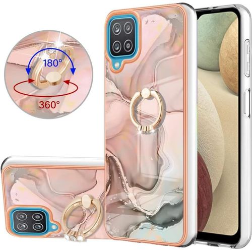 Marbre Coque Pour Samsung Galaxy A12 Étui Tout Rond 2 Dans 1 Cas De Téléphone Portable Brillant Étui De Protection En Galvanisé Silicone + 360°Stand Holder Tpu Housse Étui Rosegold Coque