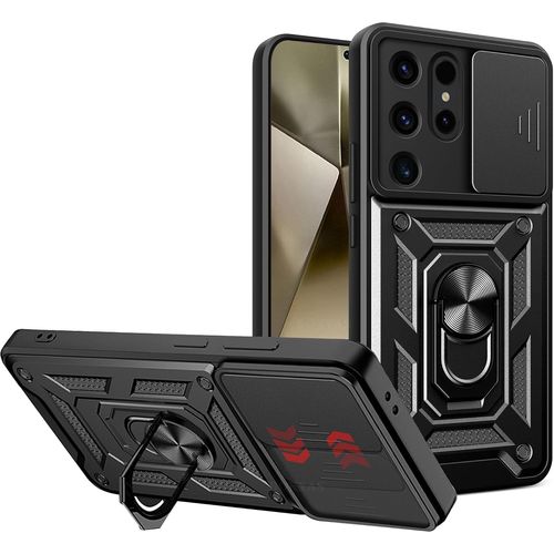 Coque Pour Samsung Galaxy S24 Ultra Avec Cache Webcam & Support Annulaire À 360 Degrés, Anti-Chute Étui Housse Pour Support De Voiture Magnétique, Noir