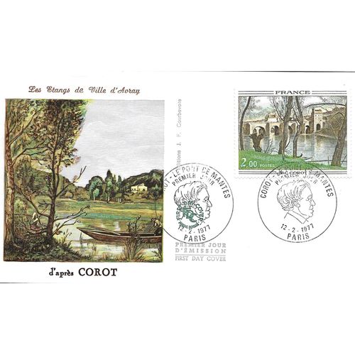 France 1977, Très Belle Enveloppe 1er Jour, Timbre Yvert 1923, Tableau De Corot,"Le Pont De Mantes", Belle Illustration Couleur, Les Étangs De Ville D'avray, D'après Corot, État Neuf.