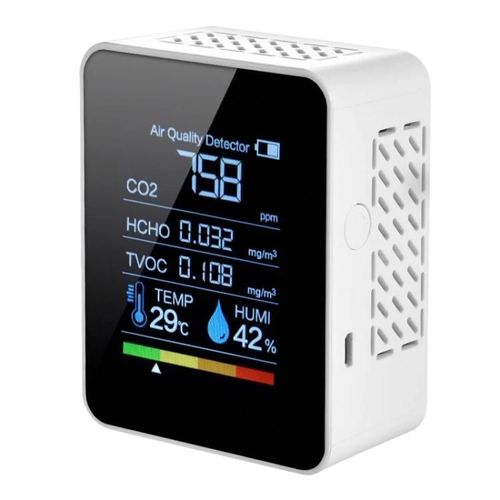 Détecteur de qualité de l'air CO2-Moniteur de température et d'humidité intérieures 5 en 1 avec affichage LED-(Noir) Blanc