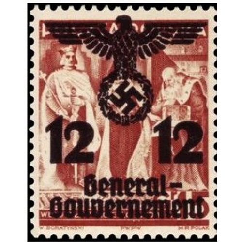 Pologne, Occupation Allemande 1940, Gouvernement Général, Très Beau Timbre Neuf** Luxe Yvert 34, Timbre Polonais D'avant Guerre Surchargé Grand Aigle, Croix Gammée, Et Nouvelle Valeur.
