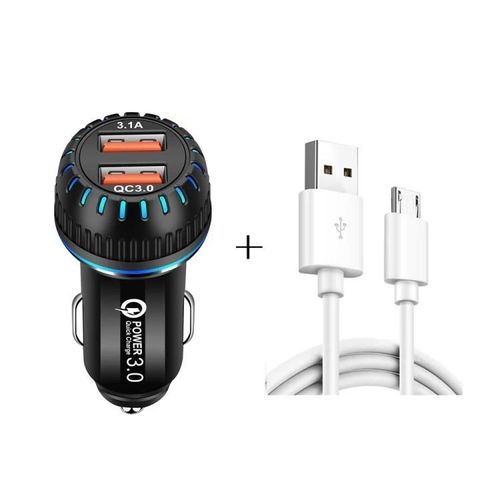 Chargeur De Voiture Double Usb Avec Câble Micro Usb De 1 M-Qc3.0,3a,Noir