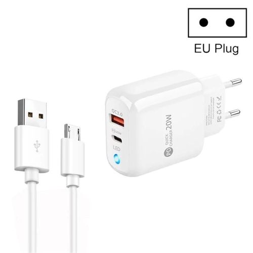 Chargeur De Téléphone Portable Type-C-Pd04 Avec Câble Usb Vers Micro Usb,Prise Ue Blanc