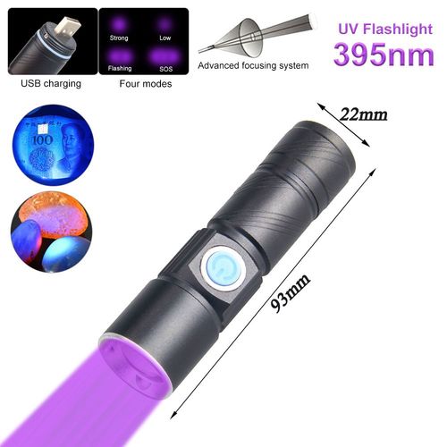 395nm Mini lampe de poche UV aste par USB, lampe noire ultraviolette, Linternas violets, tapis, dtecteur d'urine pour animaux de compagnie, capture de scorpions, 3W, 365nm 