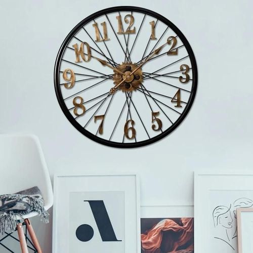 Horloge murale 3D Vintage-Forme de roue de 60cm,grande montre décorative dorée