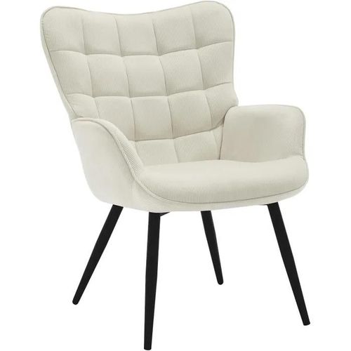 Fauteuil À Oreilles Rembourré En Velours Côtelé,Fauteuil Relax Moderne,Pieds En Métal,Crème Blanc