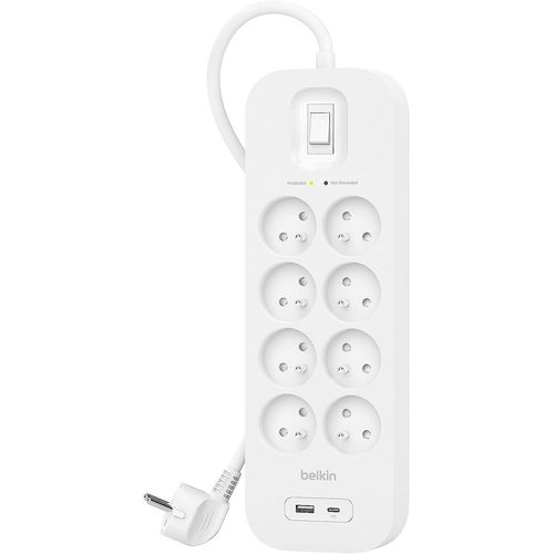 Multiprise Parafoudre Avec Usb 8 Prises (Montage Mural, Cordon D'Alimentation De 2 M, Voyant Lumineux Vert, 1 Port Usb-C Et 1 Port Usb-A, Recharge Rapide Pd, Protection Jusqu'À 900 Joules)